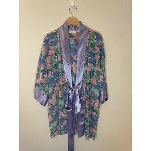 Vtg Victoria's Secret Gold Label Purple Floral Robe OS  Satin boho chic 90s